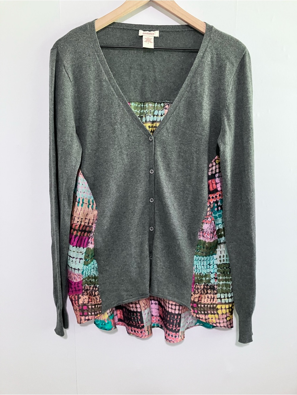 Sundance Grey Cardigan with Colorful Silk Back Size Large